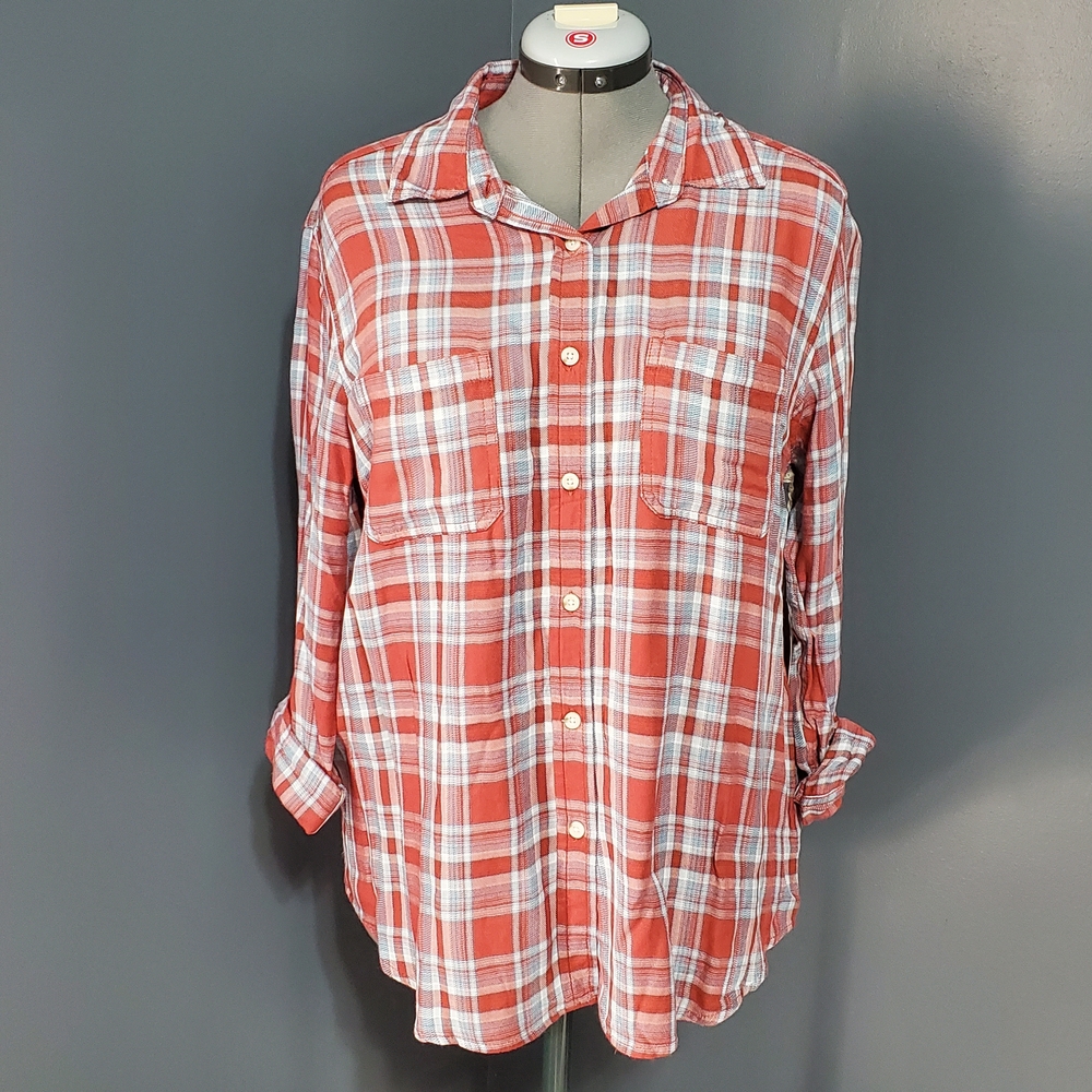 NWT Mossimo Supply Co. Red Blue Plaid Shirt Lightweight Boyfriend Fit Size Large
